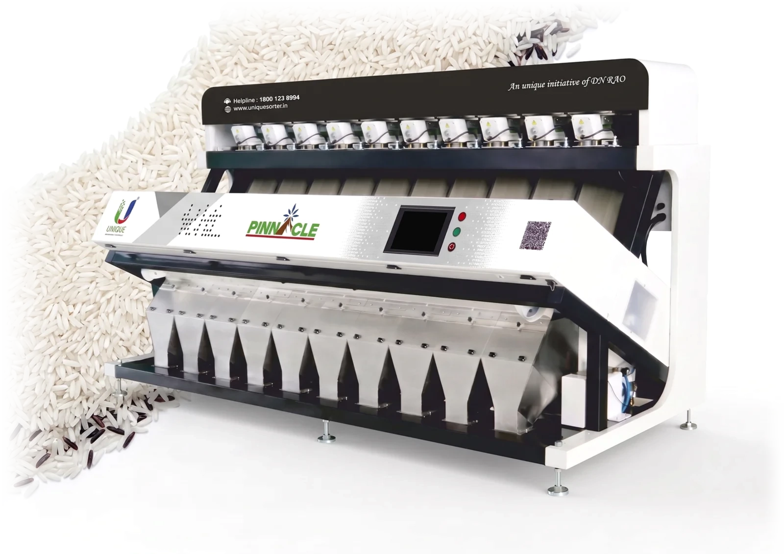 Pinnacle colour sorter machine sorting rice, with rice grains flowing behind the machine